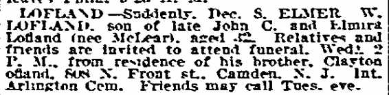 Elmer W. Lofland obituary, Philadelphia Inquirer, December 10, 1917