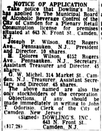 Notice of Application for liquor license, Dowling's Inc., Camden Courier-Post, June 5, 1963