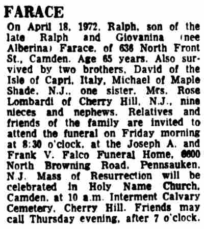 Ralph Farace death notice, Camden Courier-Post, April 19, 1972