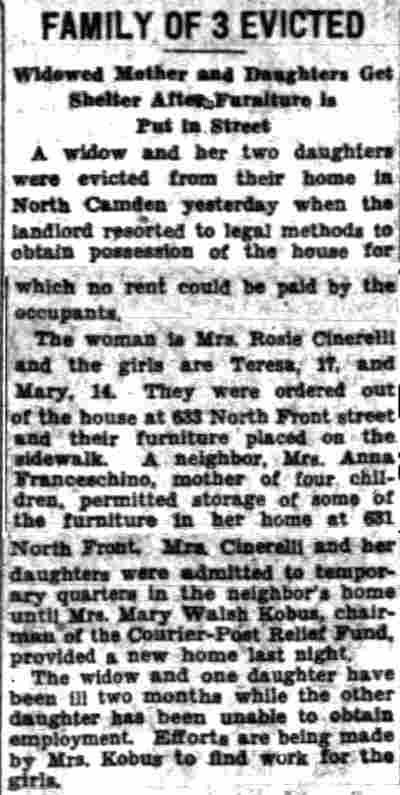 Family of 3 Evicted — Rose Cinerelli, Camden Courier-Post, March 26, 1931