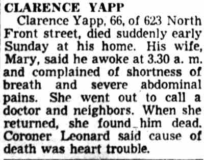 Clarence Yapp obituary, Camden Courier-Post, June 9, 1947