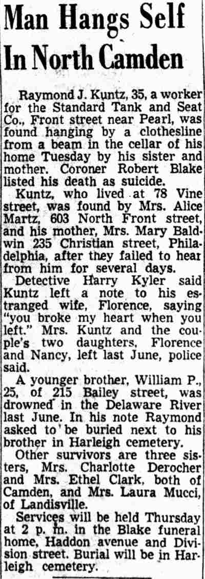 Man Hangs Self in North Camden, Camden Courier-Post, September 5, 1951