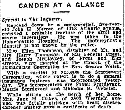 Camden at a Glance news roundup, Philadelphia Inquirer, 1915