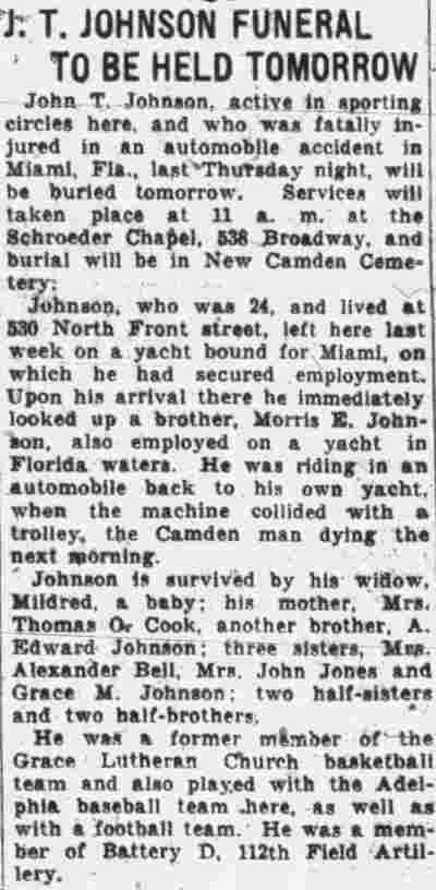 John T. Johnson funeral notice, Camden Courier-Post, December 2, 1929