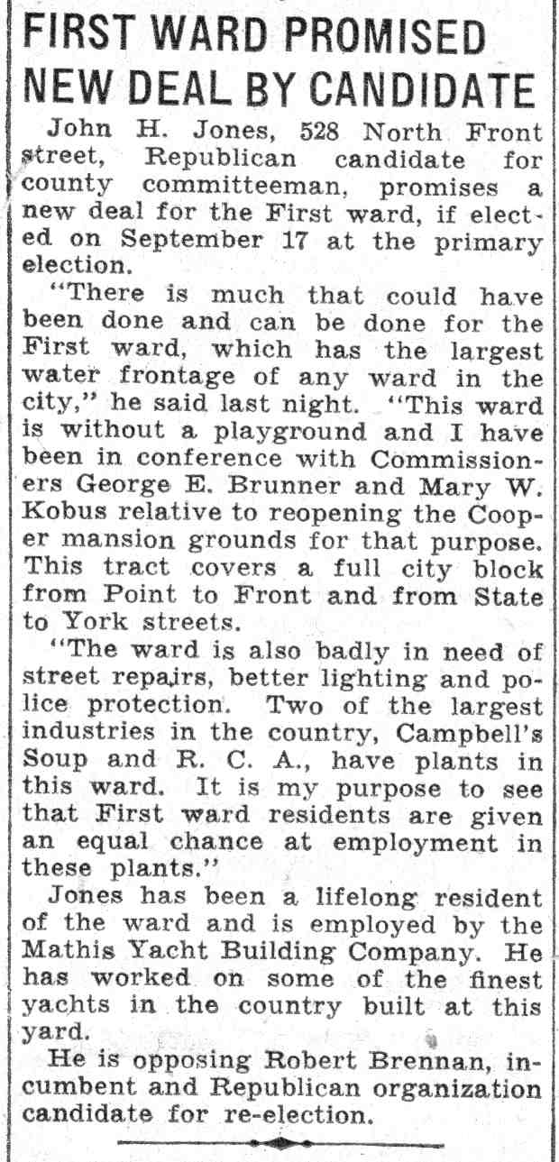 First Ward Promised New Deal, Camden Courier-Post, August 31, 1935