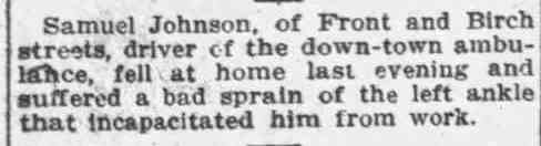 Samuel Johnson injured in a fall, Camden Daily Courier, April 17, 1911
