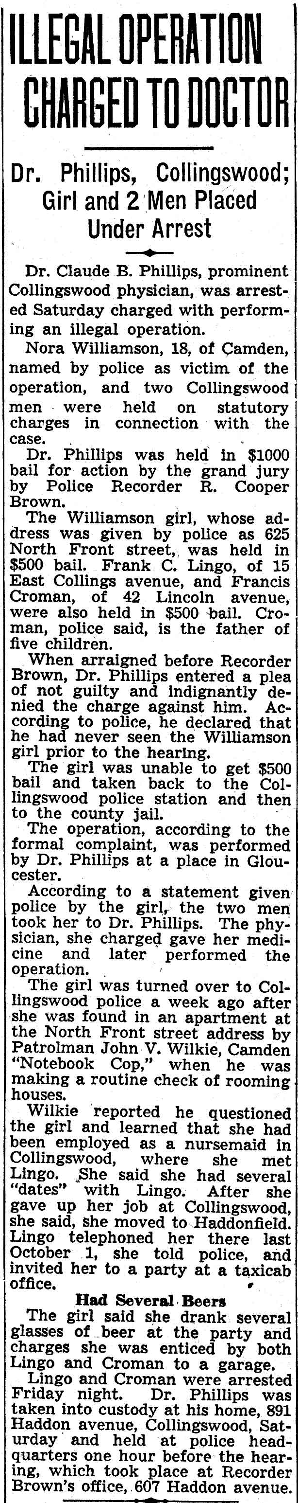 Illegal Operation Charged to Doctor, Camden Courier-Post, February 21, 1938