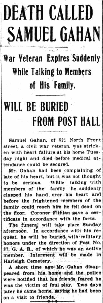 Death Called Samuel Gahan, Camden Post-Telegram, July 12, 1906
