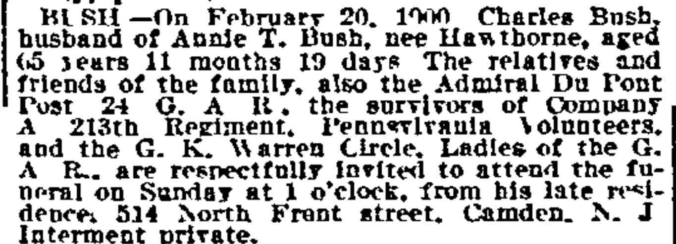 Charles Bush death notice, Philadelphia Inquirer, February 23, 1900