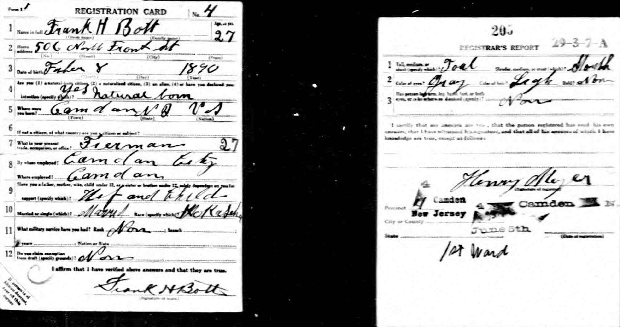 World War I draft registration card for Frank H. Bott, 506 North Front Street, 1917