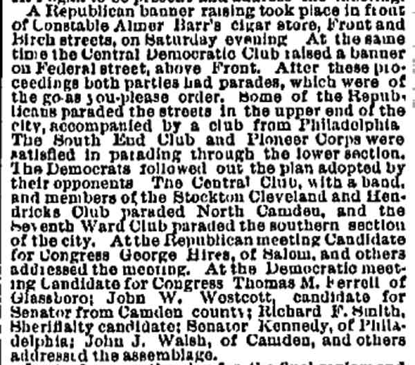 Camden political banner raisings and parades, Philadelphia Inquirer, October 6, 1884
