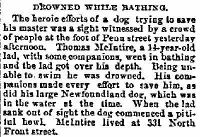 Drowned While Bathing — Thomas McIntire, Philadelphia Inquirer, March 31, 1890