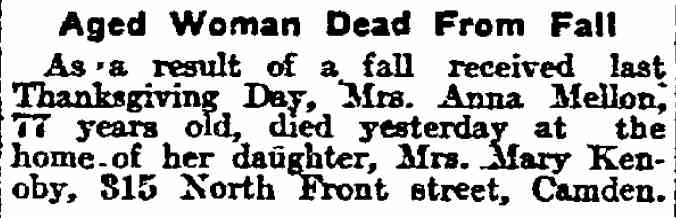 Aged Woman Dead from Fall — Anna Mellon, Philadelphia Inquirer, April 10, 1912