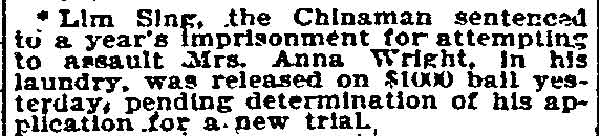 Lim Sing released on bail, Philadelphia Inquirer, February 27, 1895