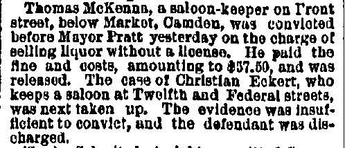 Thomas McKenna convicted of selling liquor, Philadelphia Inquirer, March 27, 1887