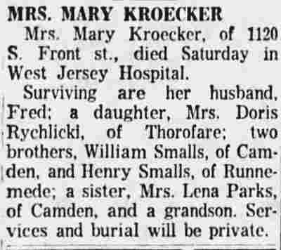 Mrs. Mary Kroecker obituary, Camden Courier-Post, March 7, 1960