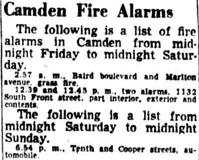 Camden Fire Alarms noting a fire at 1132 South Front Street, Camden Courier-Post, March 26, 1951