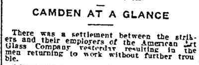 Camden at a Glance — American Art Glass strike settlement, Philadelphia Inquirer, June 18, 1915