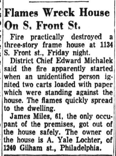 Flames Wreck House On S. Front St., Camden Courier-Post, May 14, 1960