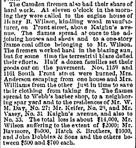 Fire at Henry B. Wilson's coal and ice works, South Front Street, Philadelphia Inquirer, June 23, 1884