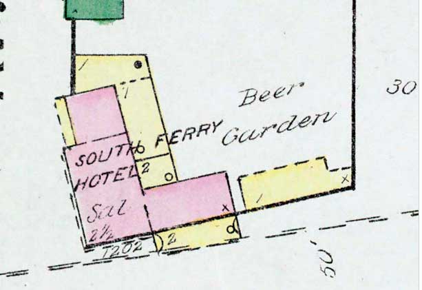 1885 Sanborn map showing the South Ferry Hotel at Front Street and Kaighn Avenue