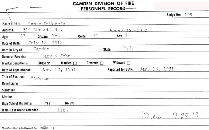 Memorial card for Santo DiMaggio