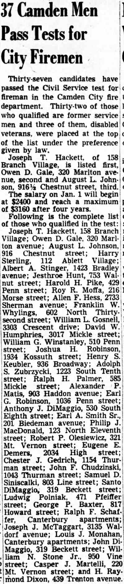 37 Camden Men Pass Tests for City Firemen — Camden Courier-Post, December 9, 1949