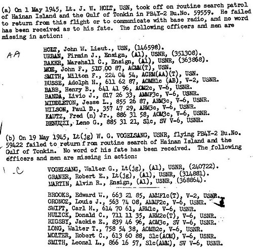 Mishap Report, VPB-119 — Crew 4 lost May 1, 1945