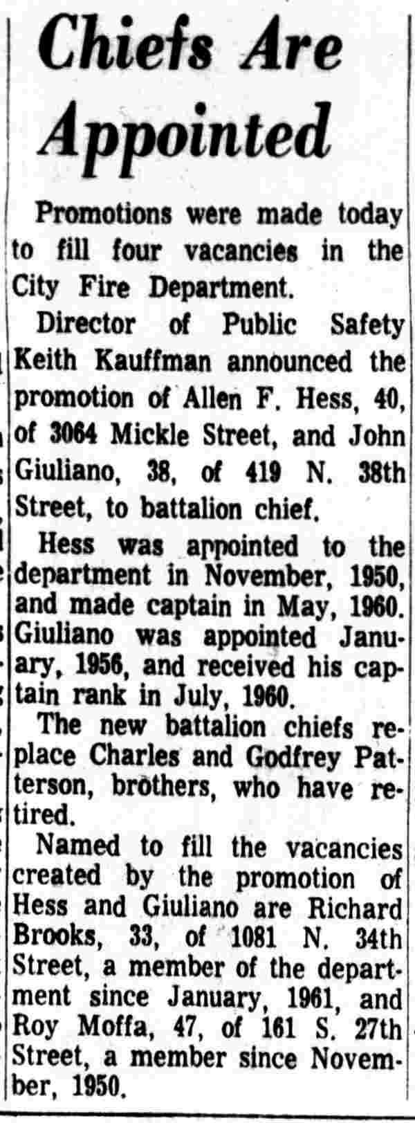 Battalion chief promotions, Camden Fire Department, June 1966