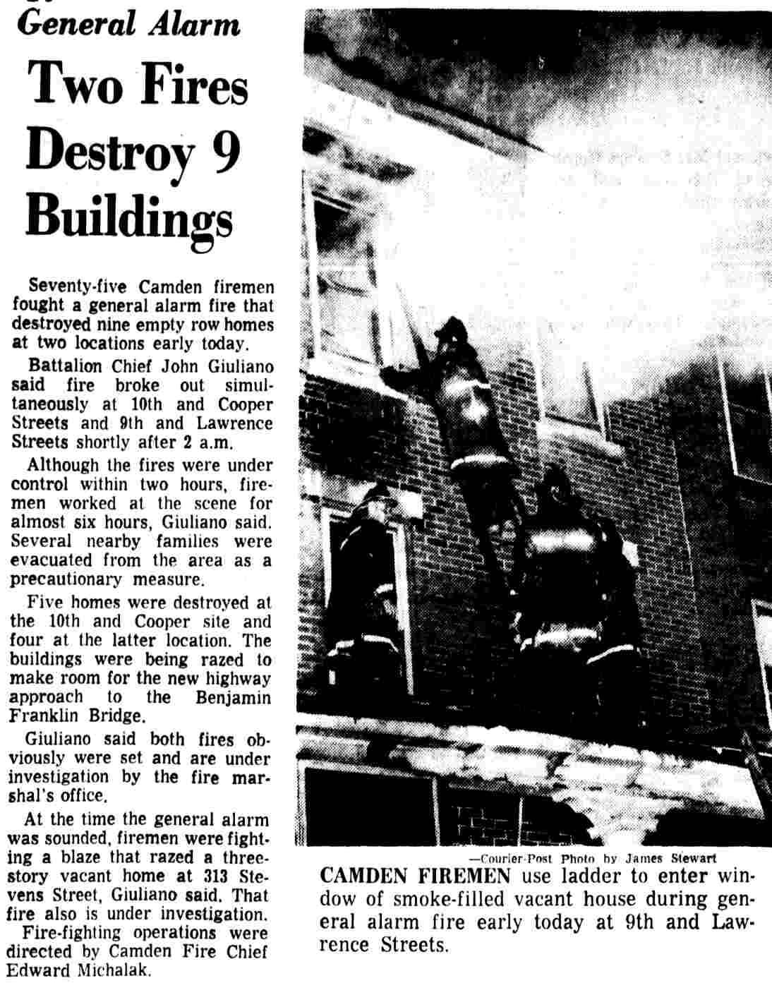 Camden firemen at general alarm fire, 9th and Lawrence Streets, May 1967