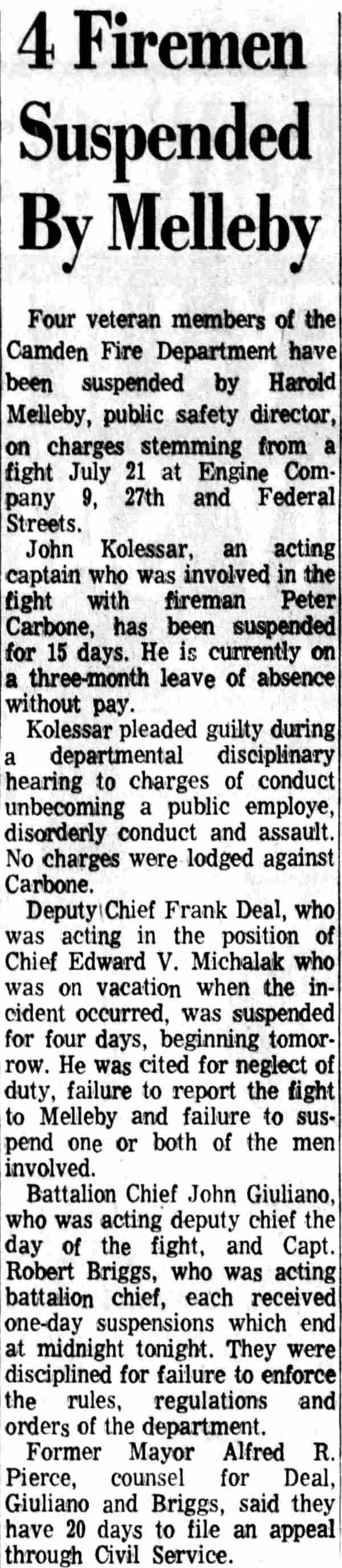 Four Camden firemen suspended, October 1969