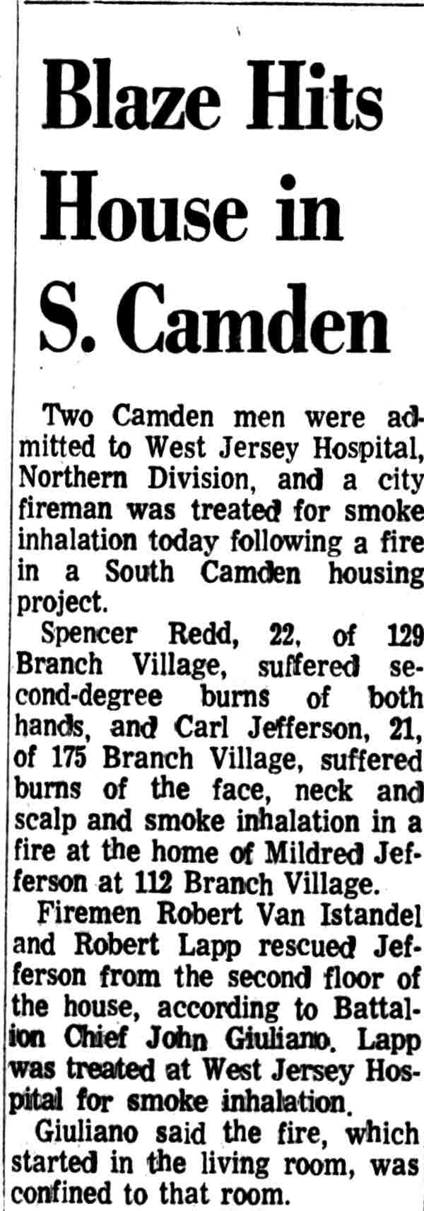 South Camden house fire, Branch Village, December 1971