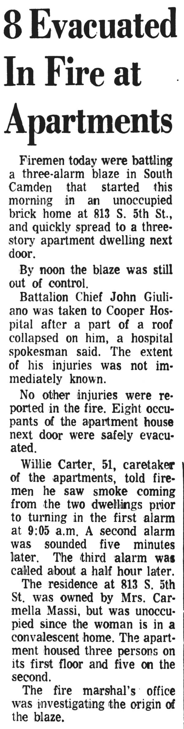 Article: 8 Evacuated In Fire at Apartments, February 1974