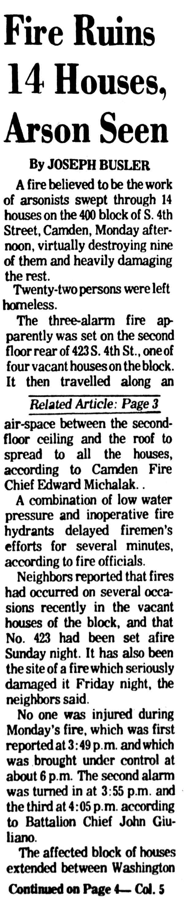 Three-alarm arson fire destroying fourteen houses, South 4th Street, June 1974