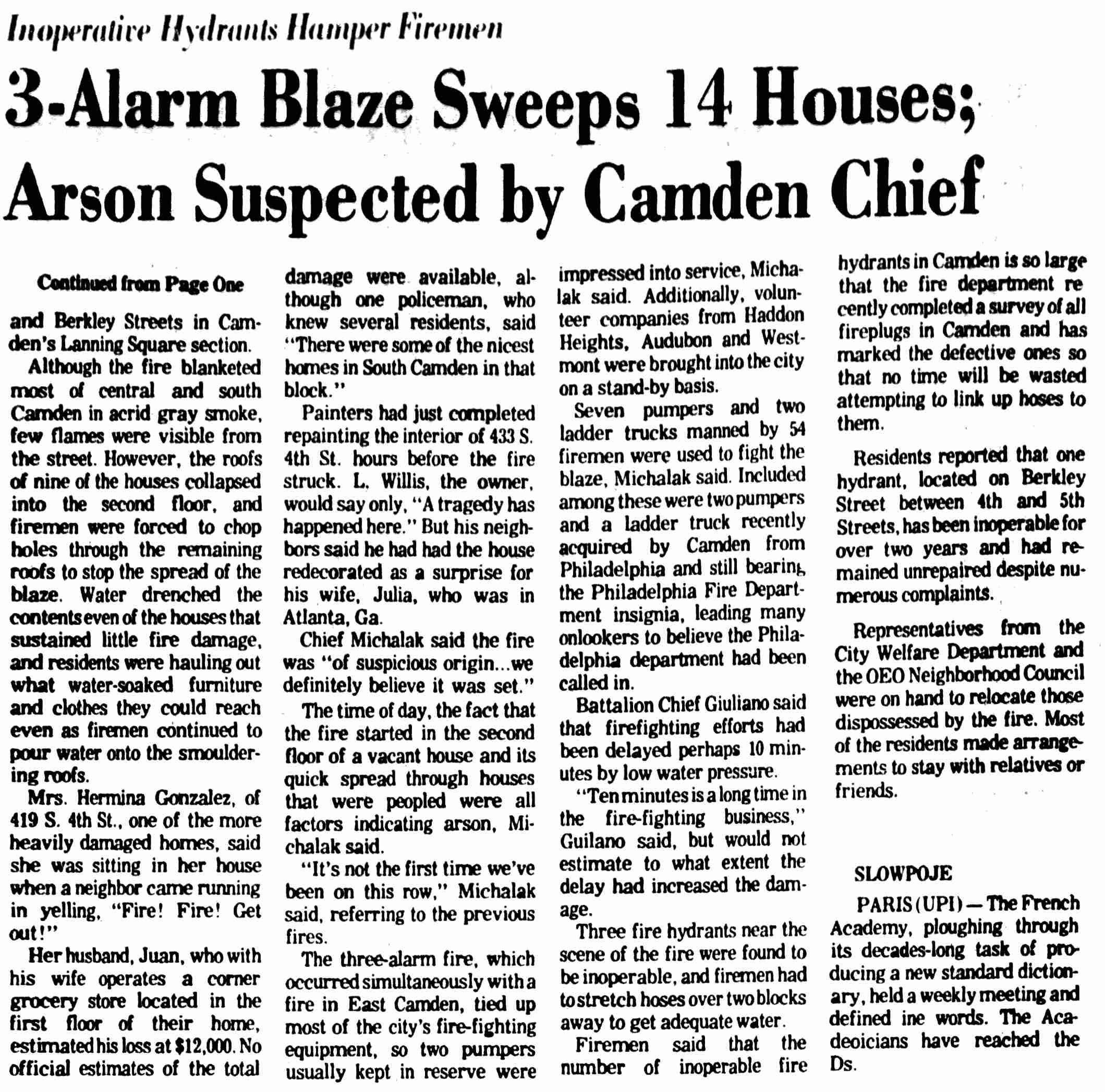 Aftermath of the South 4th Street arson fire, June 1974