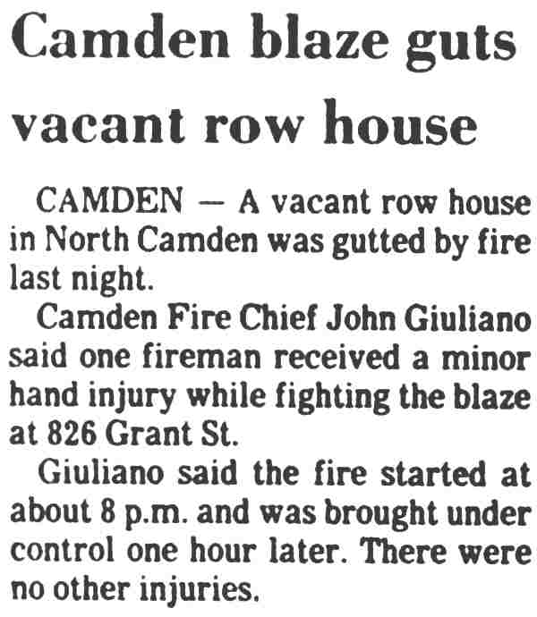1981 report of fire at 826 Grant Street; Chief John J. Giuliano