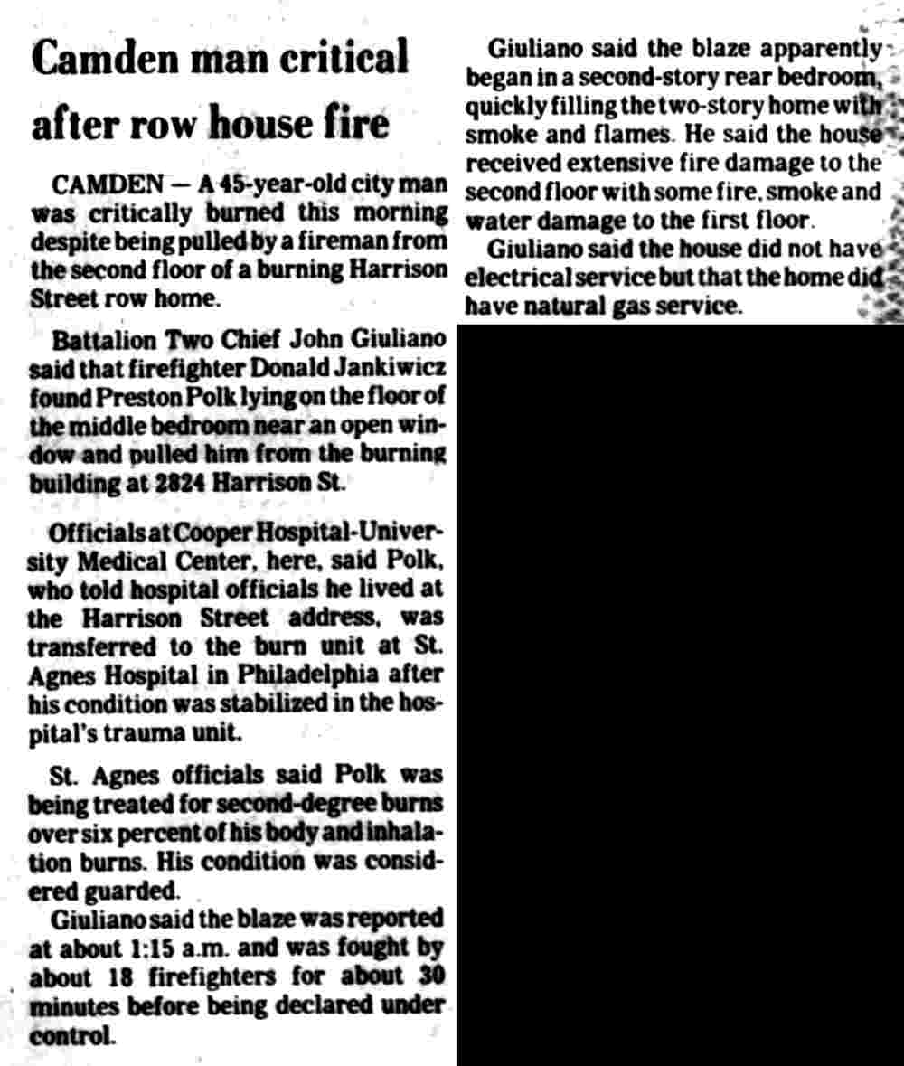 Man critical after row house fire, Harrison Street, February 1985
