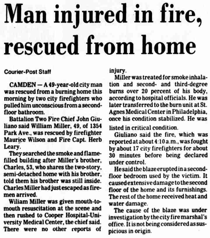 Camden firefighter David Yates at Park Boulevard house fire, June 1986