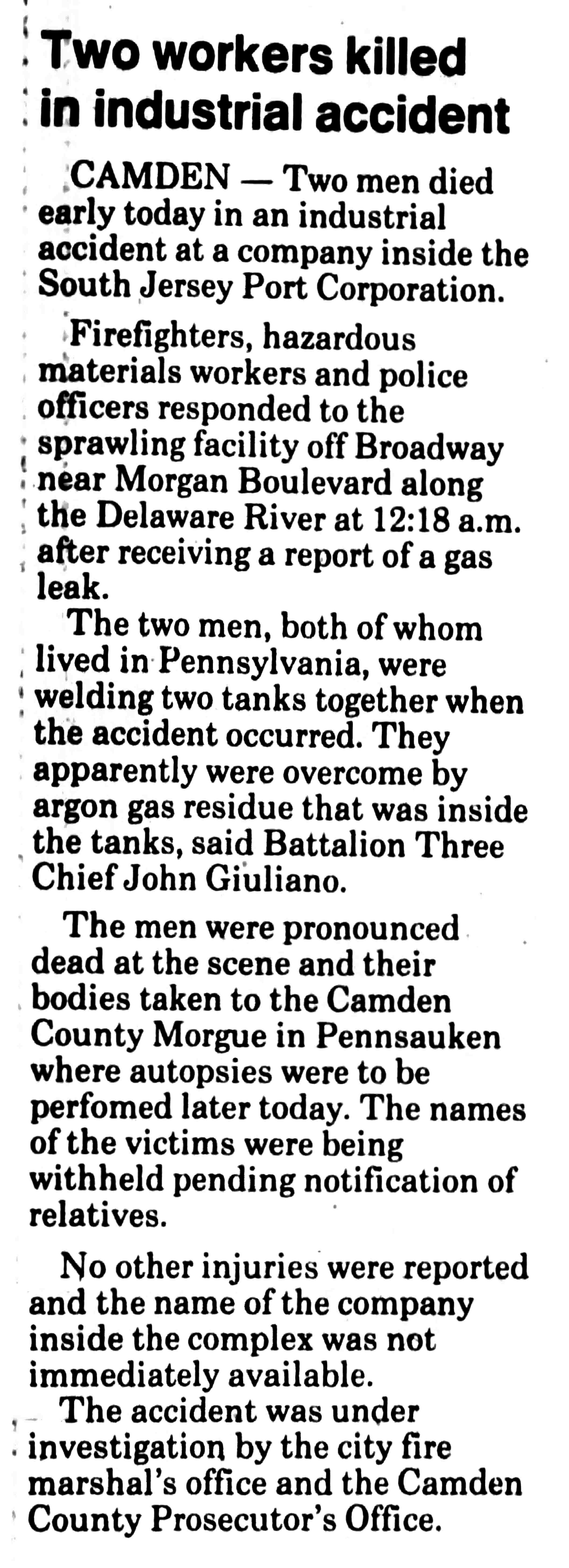Two workers killed in industrial accident, South Jersey Port Corporation, October 1990
