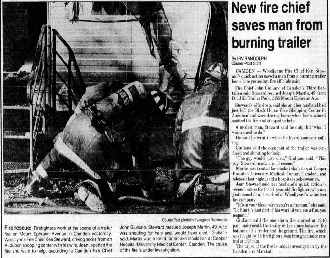 Trailer fire rescue, Mount Ephraim Avenue, January 1991