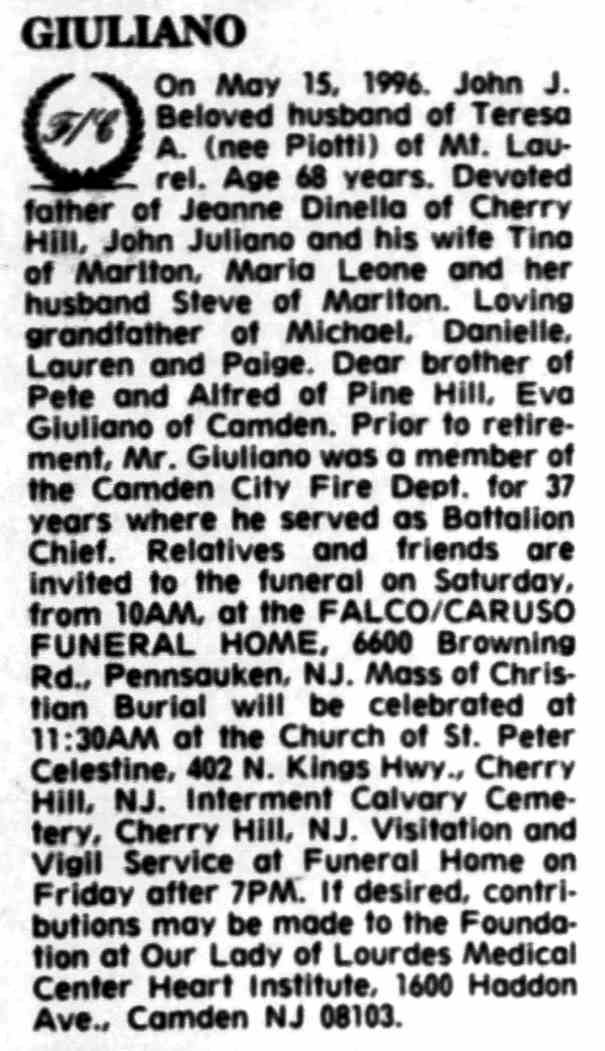 Death notice: John J. Giuliano, May 1996