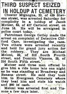 Third suspect seized in holdup at cemetery, 1936 (Clifford Carr)