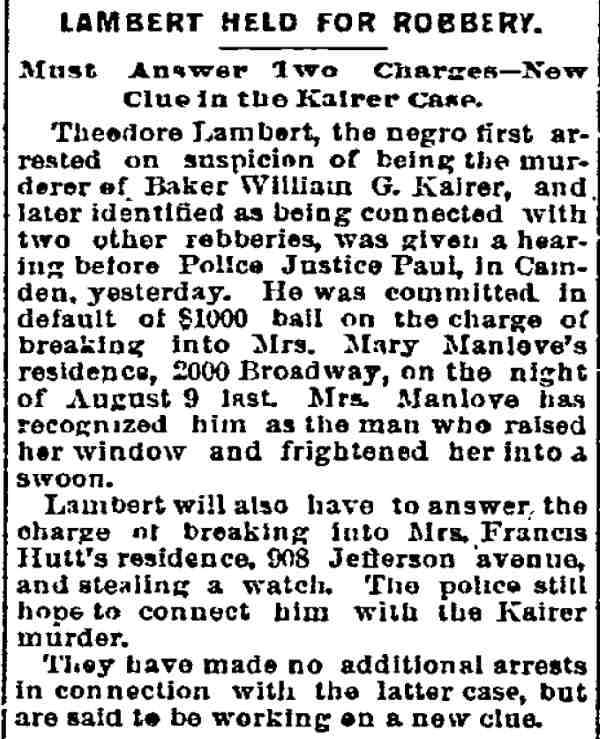 Philadelphia Inquirer, December 10, 1893 — Lambert Held for Robbery, 908 Jefferson Avenue