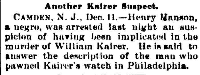 Another Kairer Suspect, Shenandoah PA Evening Herald, December 11, 1893