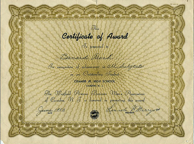 1953 Certificate of Award — courtesy of Bernie Rieck