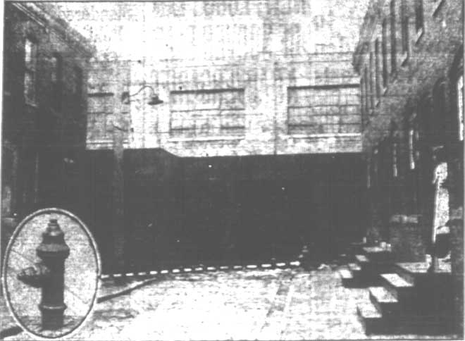 Photograph showing the fence at Segal Street above Erie Street that hampered firemen, with inset showing blocked fireplug