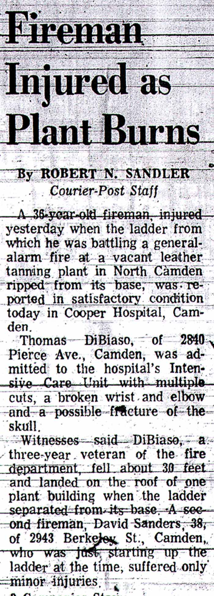 Courier-Post front page photo of Evans Company fire, December 20, 1971