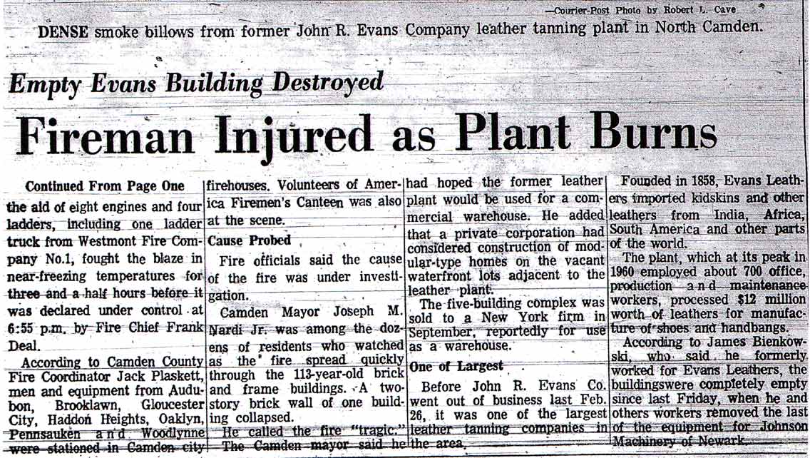 Courier-Post photo of Evans Company fire, December 20, 1971