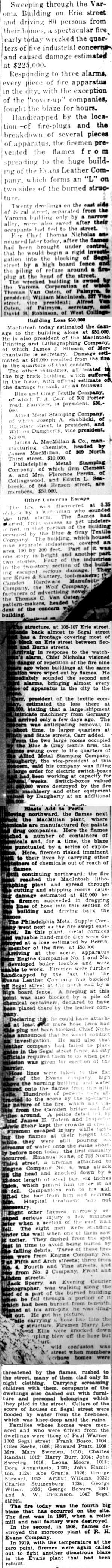 $225,000 Fire Ruins 5 Uptown Plants — Camden Courier-Post, February 22, 1928 (full clipping)