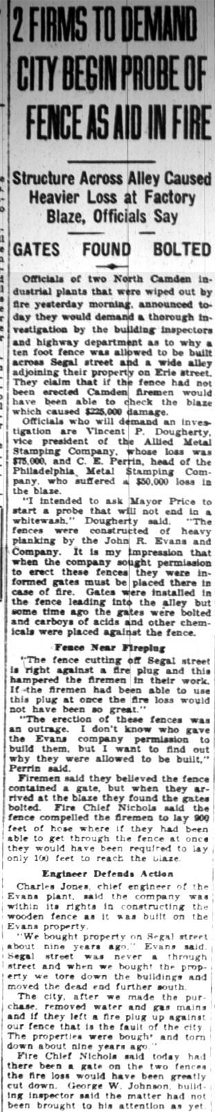 2 Firms to Demand City Begin Probe of Fence as Aid in Fire — Camden Courier-Post, February 23, 1928 (full clipping)